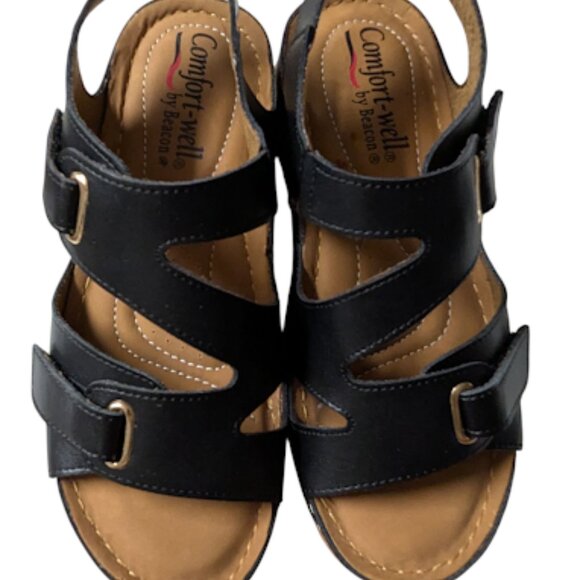 Comfort-Well by Beacon Black Leather Strappy Buckle Detail Comfort Sandal Size 7 - Picture 3 of 7